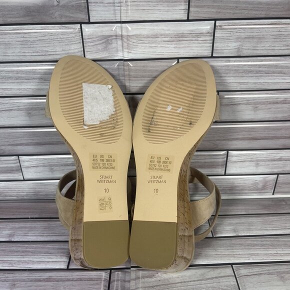 Stuart Weitzman Ave 75 Beige Suede Strappy Wedge Sandals Sandlewood Size 10-NEW - Picture 7 of 8